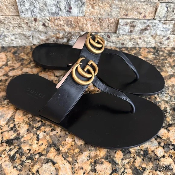 Gucci | Shoes | Gucci Black Leather Thong Sandal With Double  display picture 3
